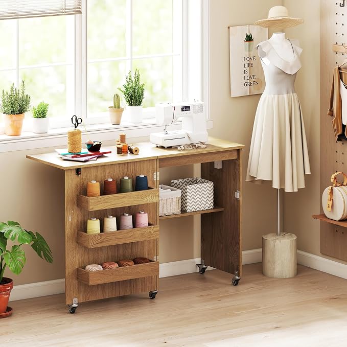 Giantex Folding Sewing Table with Charging Station, Storage Trays & Shelf | Rolling Craft Table with Lockable Wheels, Foldable Sewing Machine Cabinet Desk for Small Spaces, Dorms, Natural