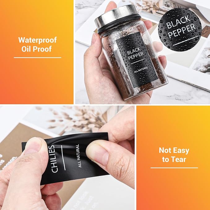 Segarty Spice Labels, 316 Pcs Square Black Preprinted Pantry Label and Blank Stickers with 1 Chalk Marker, Removable Write On Sticker for Food Container, Condiment Jars, Seasoning Bottle