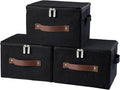 3 Pack Storage Bins with Zipper Lid Fabric Lidded Storage Boxes Baskets Cubes Washable Collapsible PU Leather Handle Cotton Linen Fabric Shelf Closet Organizer Container(Black, Small Size)