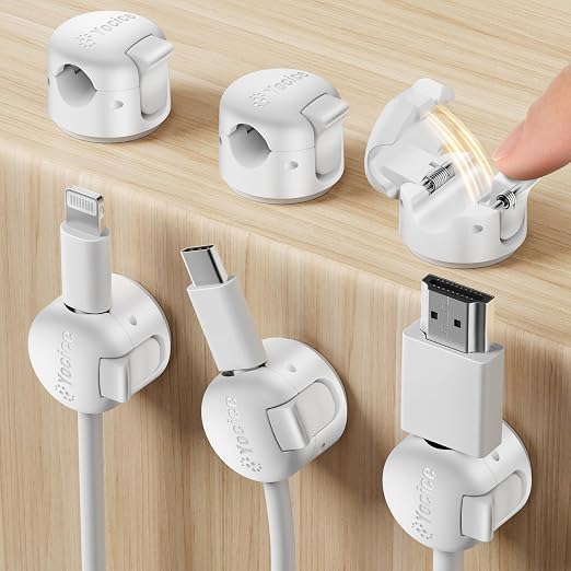 6 Pack Spring Cable Clips,Cord Organizer with Clasp Lock Desk Cable Management Cord Holder Adhesive Phone Charger Cord Clips for Home Office Car Wall Nightstand Accessories White