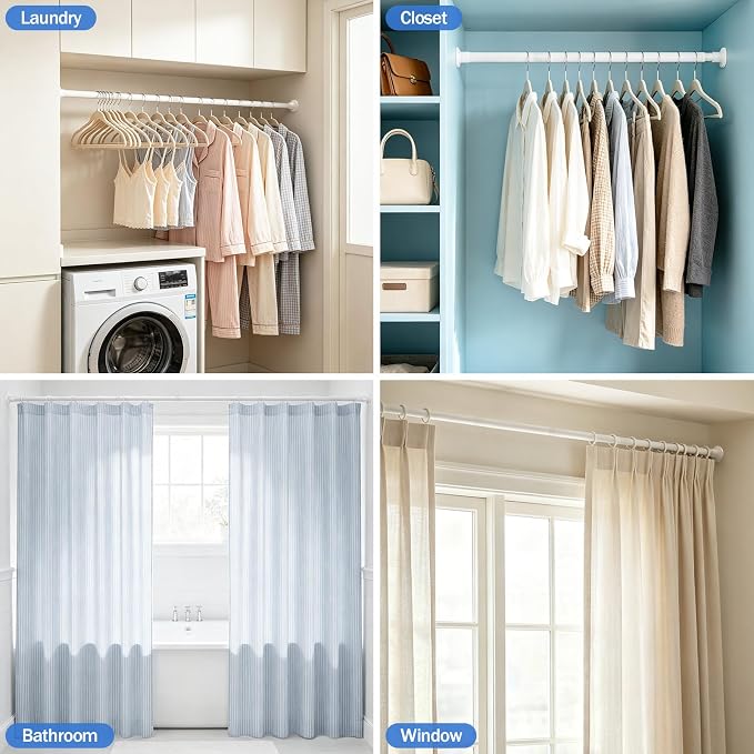 No Drilling Closet Rod, Adjustable White Closet Rod, 28-98 Inches Heavy-Duty Closet Tension Rods for Hanging Clothes for Wardrobes, Closet, Laundry & Bathroom (White)