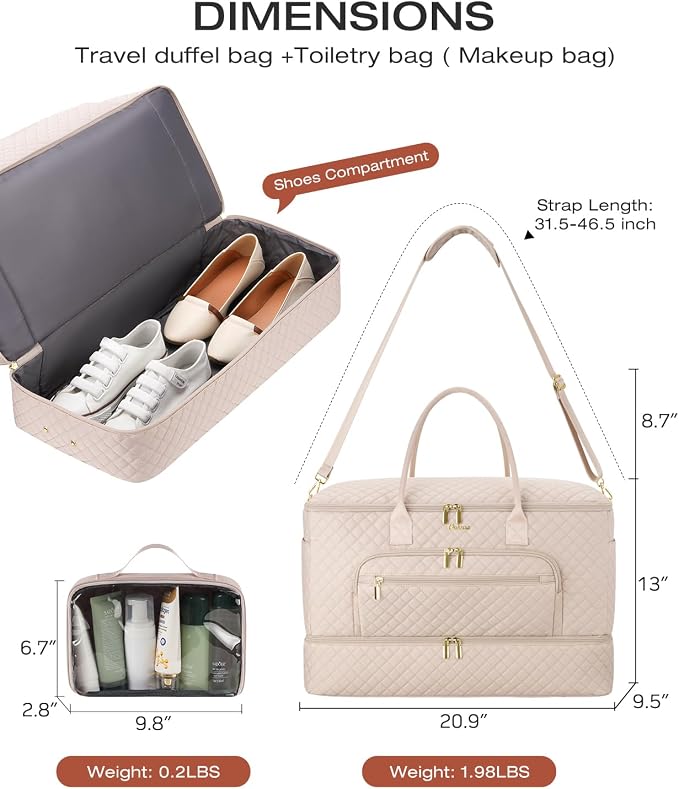 Travel Duffle Bag, Wide Open Large Weekender Bag for Women with Shoe Compartment, Carry on Overnight Bags with Toiletry Bag, Hospital Bag for Women Labor Delivery (Antiquewhite)