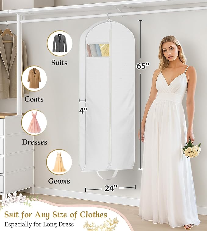 KEETDY Wedding Dress Garment Bag for Travel with 4" Gusseted Long Hanging Dress Bags for Gowns for Women Garment Cover Clothes Storage for Closet (white, 65 inch)