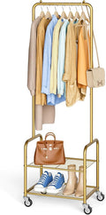 AOODA Small Clothes Rack with Shelves, Metal Sturdy Rolling Clothing Racks for Hanging Clothes, Portable Garment Rack with Wheels for Shirts, Coats, Shoes, Bags (Gold)