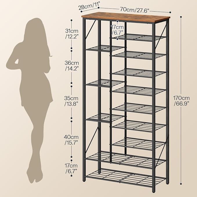HOOBRO 10 Tier Shoe Rack for Entryway, Large Capacity Tall Shoe Storage | 27.6" L Shoe Shelf, Storage Organizer with Metal Plates, Sturdy and Stable, for Bedroom, Hallway, Closet Rustic Brown