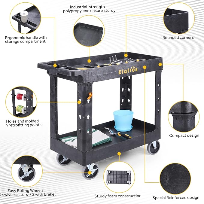 ELAFROS 2-Tier Utility Rolling Cart, 34 x 17 in, 5" Swivel Wheels, 550lb | Deep Tub Shelves, Plastic Service Cart, Work Cart, Tool Cart, Tub Storage Organizer, Warehouse Garage Cleaning Supplies