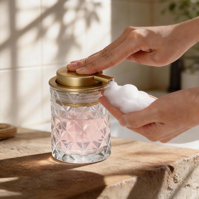 Foaming Soap Dispenser Clear Glass Bottle Gold Pump, Easy Refill and Clean Design Clog-Free Heavy Glass for Kitchen Bath