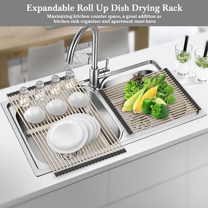 Gold Over Sink Dish Drying Rack - 17.7” x 13.4“Roll Up Dish Drying Rack, Silicone Wrapped Kitchen Rolling Dish Drainer, Anti-Slip Foldable Sink Rack Mat, Multipurpose Dish Racks For Kitchen Counter