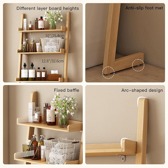 Solid Bamboo Toilet Shelf,3 Tier Bathroom Shelf with Anti-Slip Base | Solid bamboo over the toilet storage – naturally moisture-resistant for bathrooms, built for long-lasting durability