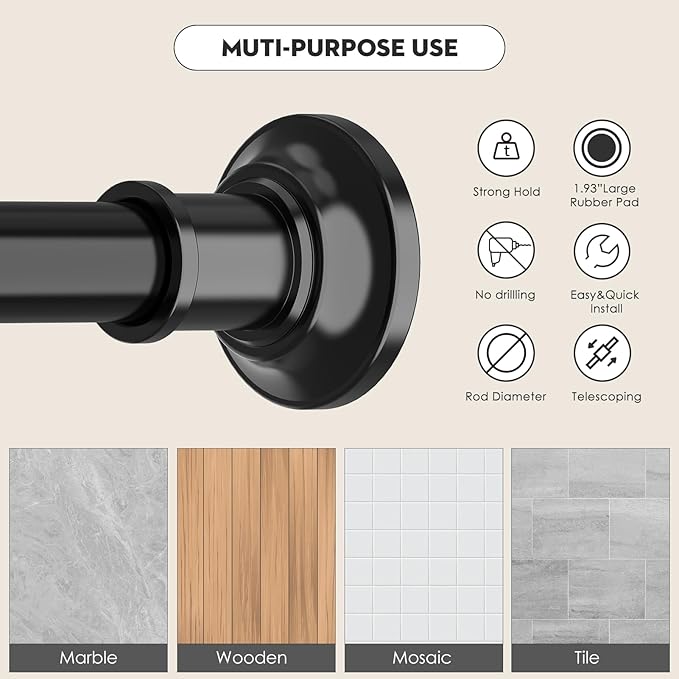 Black Tension Shower Curtain Rod 1.1" Diameter Heavy Duty Stainless Steel Adjustable Spring Tension Rods 30 to 88 inch No Drill Shower for Bathroom Windows Outdoor No Slip No Rust