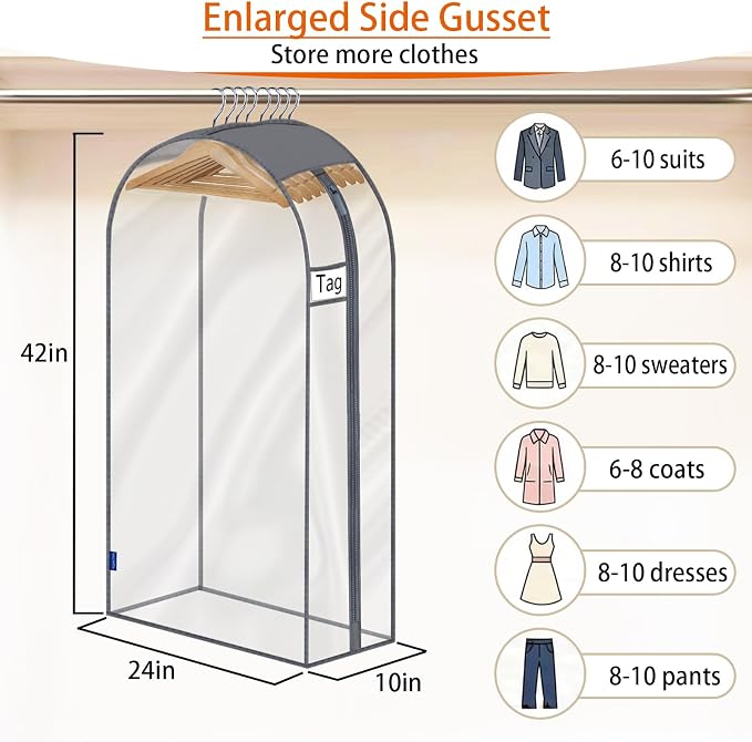 Clear Garment Bags for Hanging Clothes 10" Side Gusset, Suit Bags for Closet Storage, Suit Cover for Shirts Coats Dresses (24"X42"X10" 4Pack)