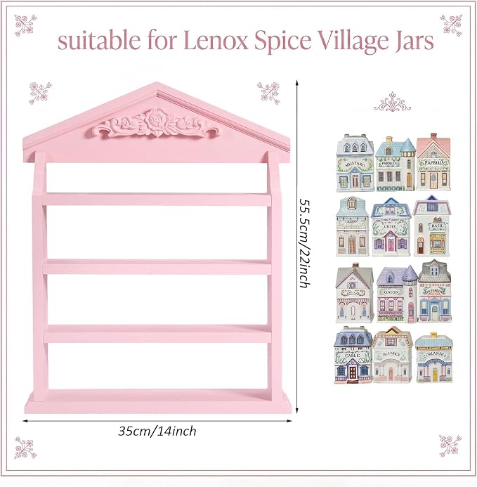 Chunful Vintage Spice Jar Wooden Rack with 4 Tier Hanging Spice Rack Wall Mounting Kitchen Storage Village Style Display Shelf for 24 Jar, Christmas Wedding Bridal Gift, Shelf Only(Pink Cottagecore)