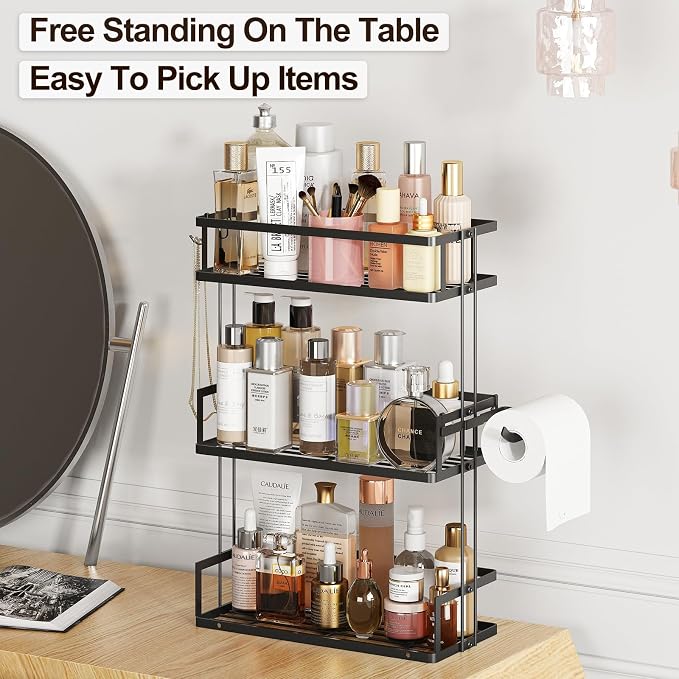 Godboat 3-Tier Over Toilet Storage Shelf, Wall-Mount with 2 Hook/Paper Rack | Bathroom Organizers and Storage Cabinet, Behind/Above/On/Top/Back Tank Shelves, Decor for Bathroom/Restroom/Kitchen/Bedroom
