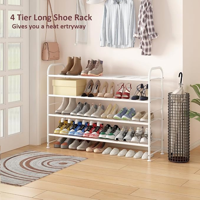 LINZINAR 4 Tier Long Shoe Rack for Closet Metal Shoe Organizer for Entryway | Spacious design stores 25+ pairs of shoes,durable metal frame,space-saving organizer for closet, hallway, and Entryway White