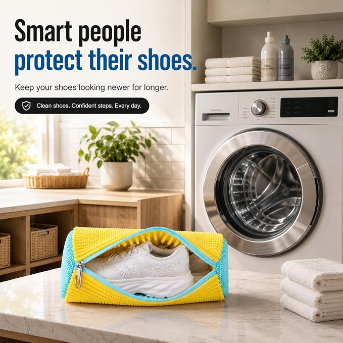 EPSCY Shoe Washing Machine Bags - Reusable Sneaker Laundry Shoe Bag with 360° Deep Clean Mesh - Self Locking Zipper, Noise Reduction Washing Bag Fits All Shoes Sizes and Types - Yellow, Pack of 2