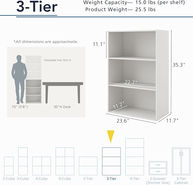 Homes: Inside + Out Apexa 3-Tier Cube Storage Organizer Shelves, Stackable Wood Bookcase Fits Cubby Bins for Organization, Dorm Teen Room Decor & Home Office, White