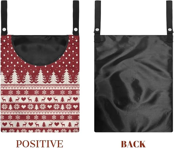 Red Fair Isle Reindeer Clothespin Bag Laundry Hanging Storage Organizer with Rope Clothespin Holder with an Extra Large Opening for Clothesline Outdoor Clothespins Storage with Hanger Hook
