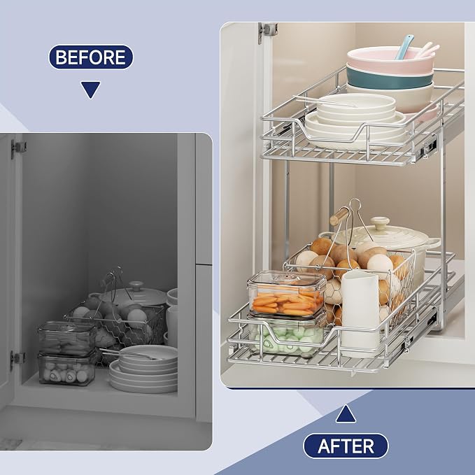 2-Tier Pull Out Cabinet Organizer, 10.5" W x 18" D, Heavy Duty Dual Slide Out Shelves for Narrow Base Cabinets, Chrome Wire Basket Drawer for Spices, Bottles & Snacks