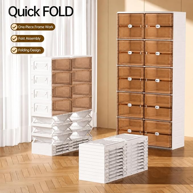 24 Pairs Shoes Storage Cabinet of 3-Step Fast Installation,Plastic Shoe Box with Clear Magnetic Door for Display, Shoe Organizer for Sneaker, Sandals, Heels (2 Row, 6 Tier)