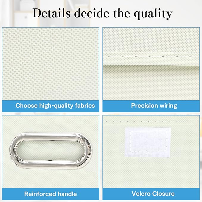 STOREONE Fabric Storage Cube Bins Foldable Organizer Container Collapsible Basket with Lids and Metal Handles, for Home, Bedroom, Closet 3 Pcs (Creamy-White)