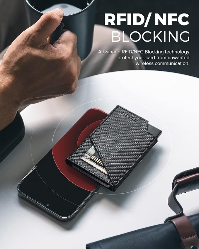 VULKIT Pop up Card Wallet RFID Blocking Slim Aluminum Metal Bank Card Holder Case with Business Money Pocket for Credit Cards Notes and Coins (Carbon Fiber Black)