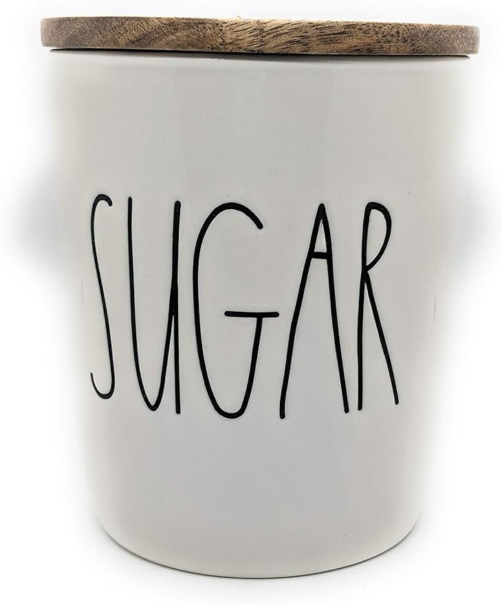 Rae Dunn by Magenta"SUGAR" in large letters LL Ceramic Cellar Canisters with Wood Lid