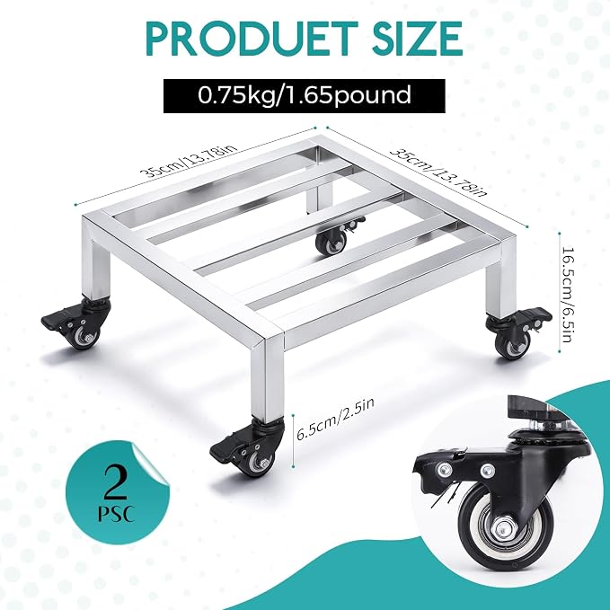 2 Pack Dunnage Rack with Caster Wheels, 13.78" L x 13.78" W x 6.5" H, 2.5" Wheel Height, Heavy Duty Stainless Steel Mobile Food Storage Rack, Commercial Floor Stand for Kitchen Restaurant