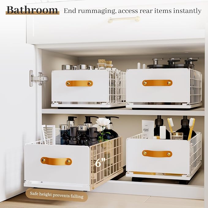Pull Out Cabinet Organizer, No-Drill Pantry Drawers, Slide Out Shelves with Bamboo Risers for Lipped Cabinets,Ideal for Kitchen, Bathroom & Under Sink Storage (White, 9.8" Wide-15.7" Deep)