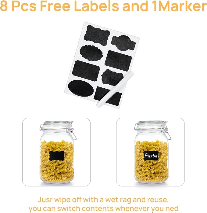 CHEFSTORY 50oz Glass Food Storage Jars with Airtight Clamp Lids, 3 Pack | Food Storage Canister for Kitchen, Pantry Organization, Square Mason Jars for Storing Sugar, Flour, Cereal,Coffee,Cookies