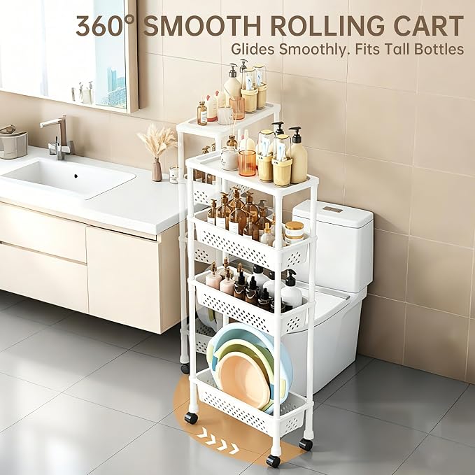 Slim 4 Tier Rolling Storage Cart Narrow Bathroom Organizer on Wheels White | 6.7" wide for tight bathroom/kitchen gaps, extra-tall tier, 360° casters, quick-dry shelves, tool-free storage rack