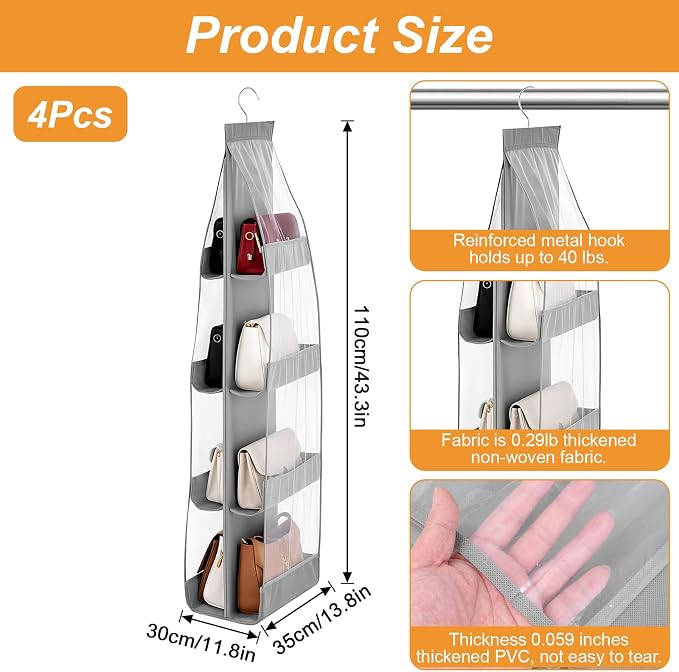 4 Pack 8 Pockets Handbag Hanging Purse Organizer for Closet, Purse Storage, Womens Purses Hanger and Handbag Organizer for Space Hanging Shelf for Closet, Wardrobe, Over Door (Grey)