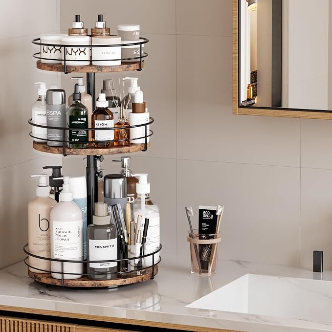 3 Tier Lazy Susan Spice Rack Organizer 360° Rotating, Black | Adjustable Height, For Kitchen Bathroom Countertop Pantry, Spinning Organizer, Table Top