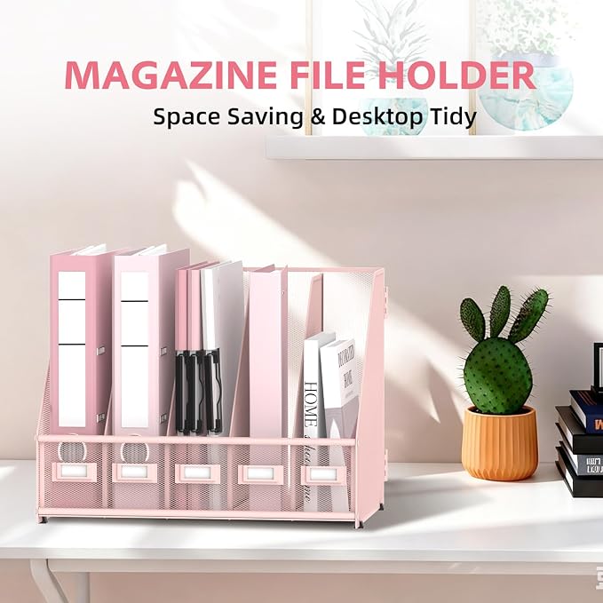 5 Vertical Compartments Magazine File Holder, Metal Binder Organizer, Pink | Space-Saving Desktop Storage, Built-In Label Holders, Anti-Slip Feet, Sized for Binders, Folders, Magazines and Files