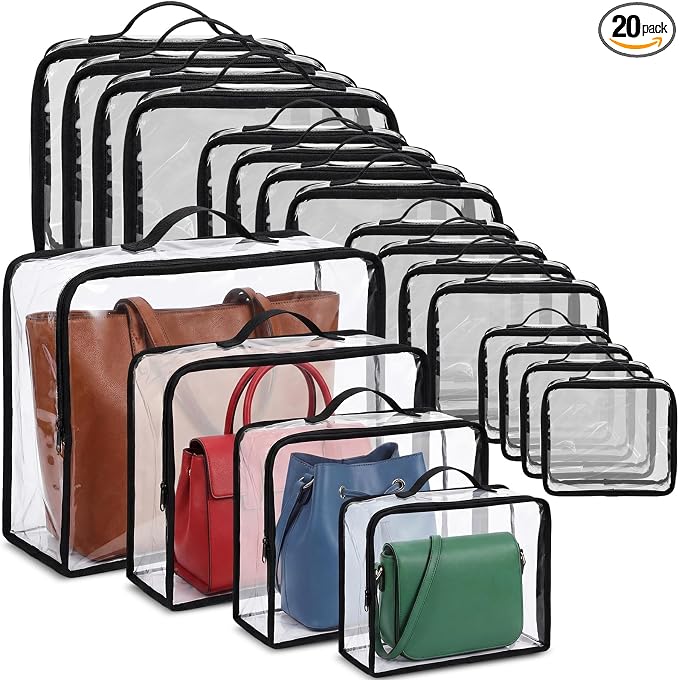 Hsei 20 Pcs Clear Dust Bags For Handbags 4 Sizes Fits Mini Wallet Oversized Tote Bags PVC Waterproof Purse Storage Organizer for Luxury Bag Soft Stand-Up with Zipper Handle for Closet Hanging (Clear)