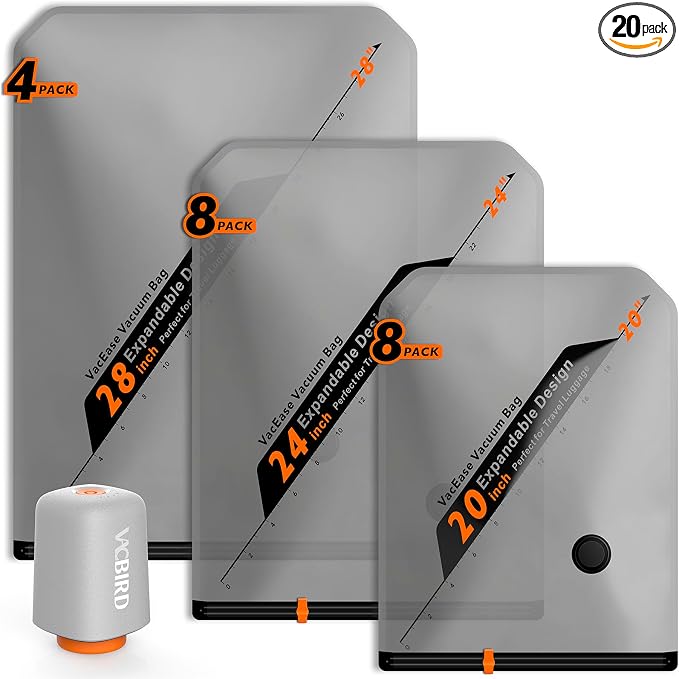 Vacbird Rechargeable Wireless Pump Travel Storage Bags Set - 20 Pack Portable Space Saver Bags for Travel & Home - Vacuum Compression Packing Seal for Clothes, Blankets, Seasonal Storage