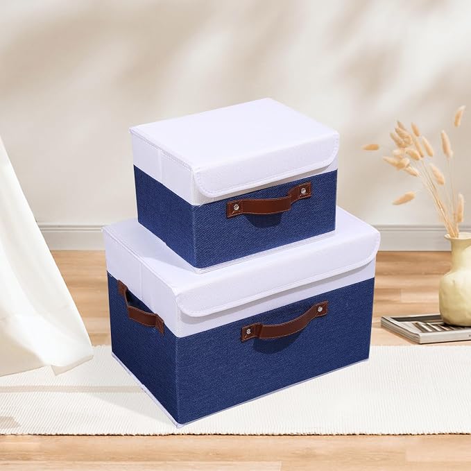 ANMINY Storage Boxes with Lids Washable Decorative Storage Bins Basket with PU Leather Handle Foldable Linen Fabric Storage Cubes Containers for Home Closet Organizer - Deep Blue White, Medium