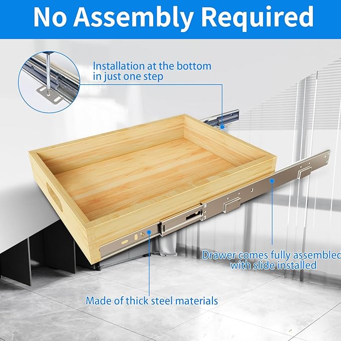 2 Set Pull Out Cabinet Organizer, Soft Close Slide Out Wood Drawer Storage Shelves for Kitchen, Base Cabinet Organization for Pantry, Finished, Heavy-Duty, Bottom Assembly (27” W x 21” D)