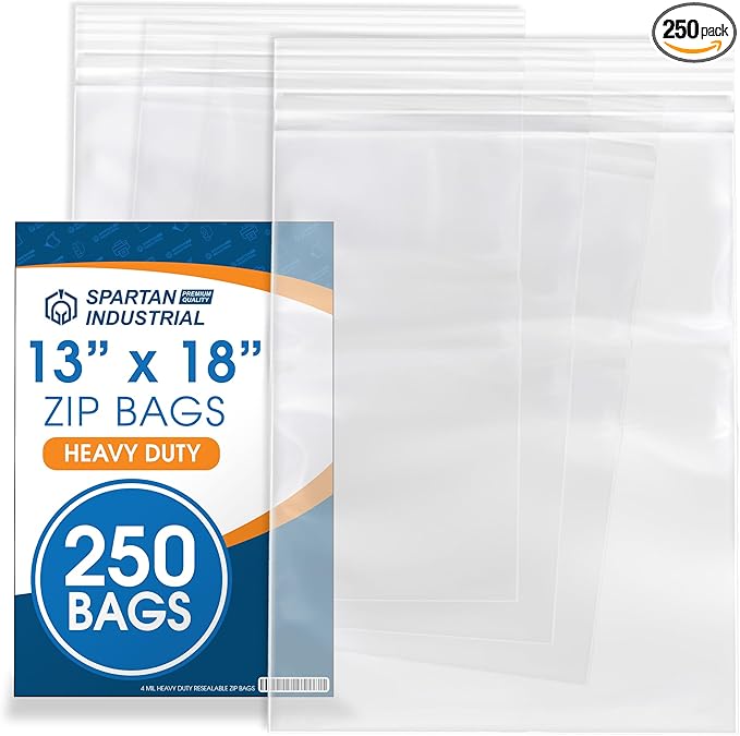 Spartan Industrial - 13” X 18” (250 Count) 4 Mil Thick Bulk Clear Reclosable Zip Plastic Poly Bags with Resealable Lock Seal Zipper - Heavy Duty and Durable