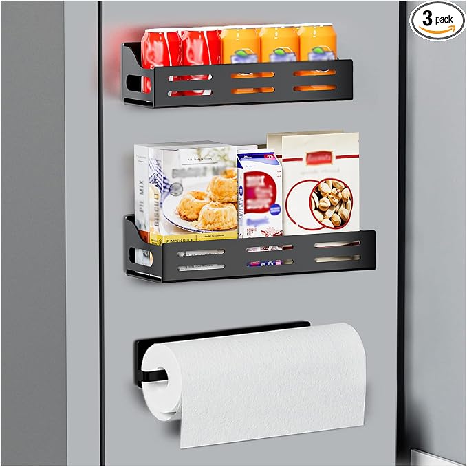 3 Pack Magnetic Spice Rack for Refrigerator with Paper Towel Holder, Magnetic Refrigerator Organizer, Strong Magnetic Fridge Shelf, Rustproof Side Fridge Storage Rack for Kitchen