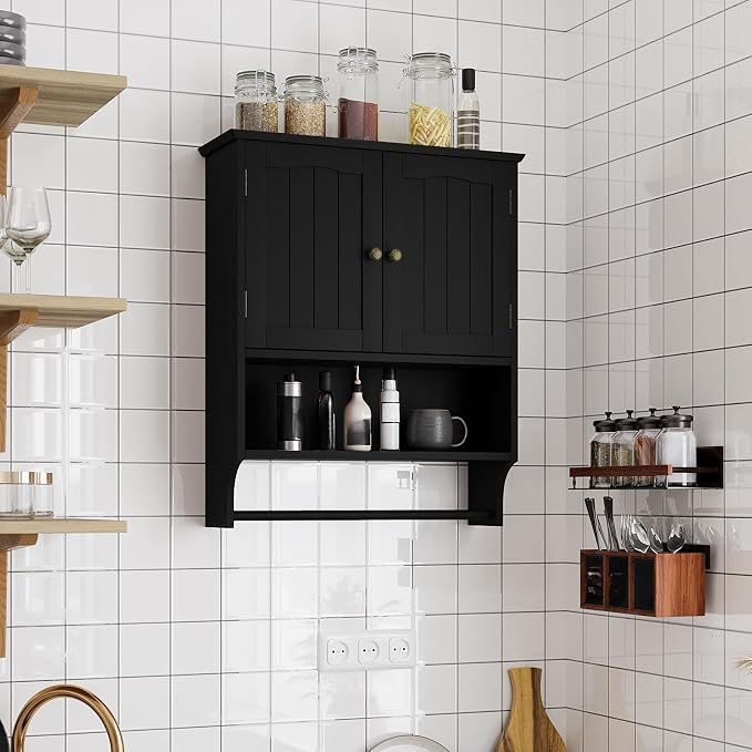 Smuxee Black Bathroom Cabinet Wall Mounted with Towels Bar, Medicine Cabinet with 2 Door Adjustable Shelves, Over Toilet Cabinet for Bathroom Laundry Room Kitchen