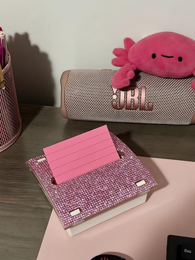 Pop up Sticky Note Holder Rhinestone Self Sticky Note Dispenser 3×3 Post it Dispenser for Pink Office Desk Accessories and Supplies,Teacher Gifts(White Pink)