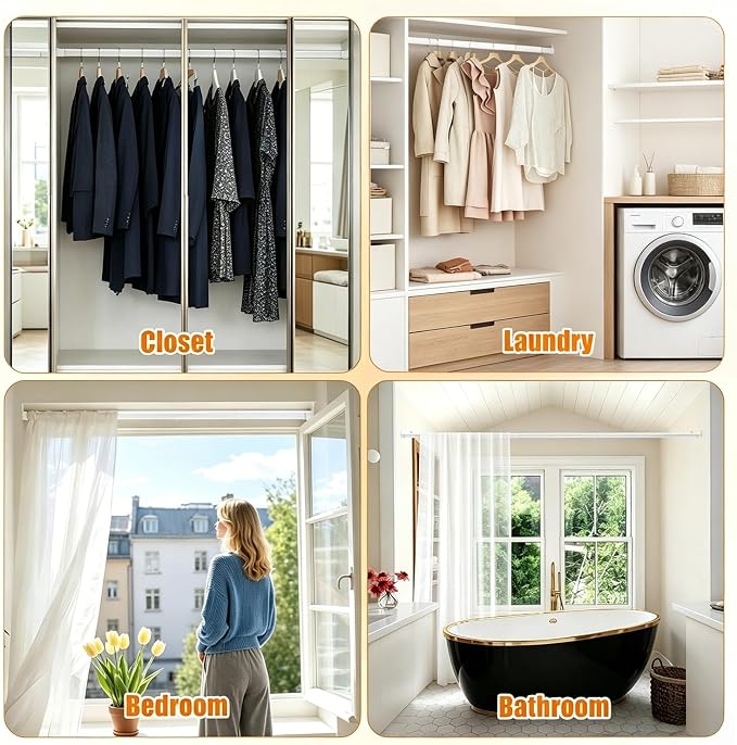 EKETE Oval Closet Rod for Hanging Clothes,18 to 63 Inch Adjustable Closet Rods white Metal Closet Rods,Heavy Duty Closet Hanging Rod Expandable for Closet, Wardrobes, Bathroom, Laundry