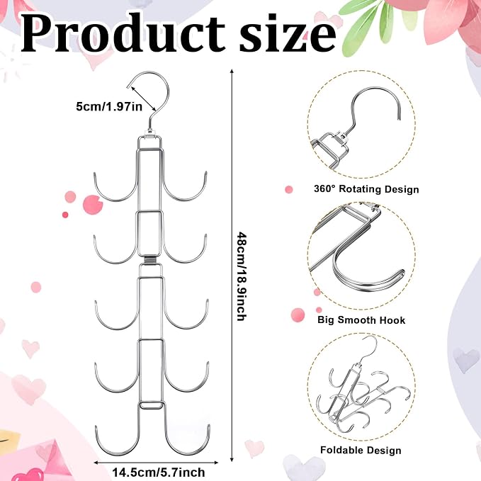 4 Pack Purse Organizer for Closet, Purse Hanger with 10 Big Hooks, 360 Degree Rotation Bag Holder for Organizer Display, Foldable Space Saving Hangers Rack for Handbag, Belt, Scarve, Tie