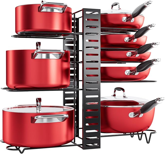 MUDEELA 8-Tier Pots and Pans Organizer under Cabinet, 16.61" Height Light Duty Pot and Pan Organizer Kitchen Cabinet Organization and Storage, Adjustable Pot Rack with 3 DIY Methods for Lids, Bakeware