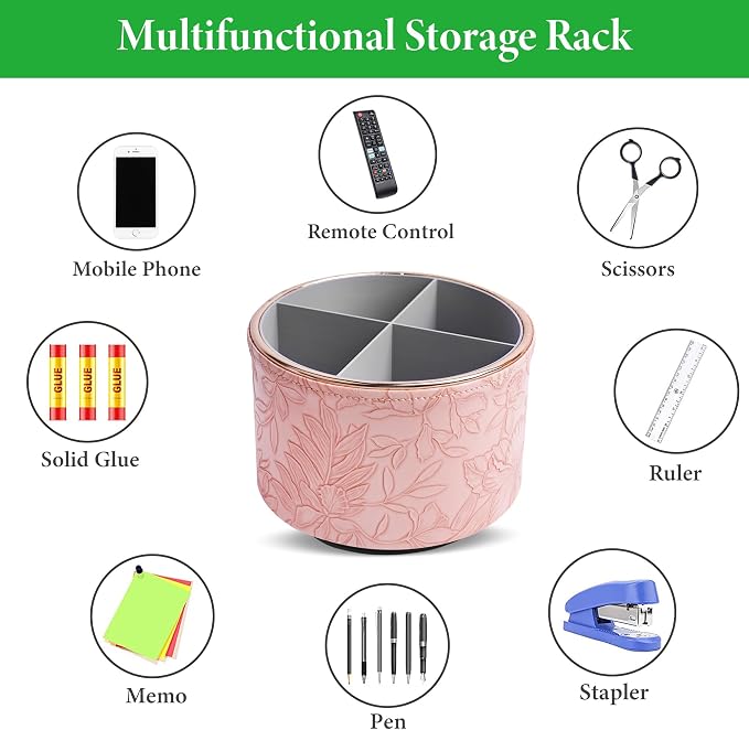 Remote Control Holder, 360°Spinning PU Leather Desk TV Remote Caddy,Desk Storage Box Room Accessories for Controller, Media,Mail,Calculator, Mobile Phone,Pencil(1B-Golden Pink)