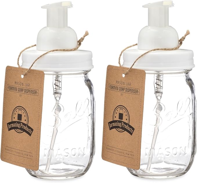 Jarmazing Products Mason Jar Foaming Soap Dispenser – White – with 16 Ounce Ball Mason Jar - Two Pack!