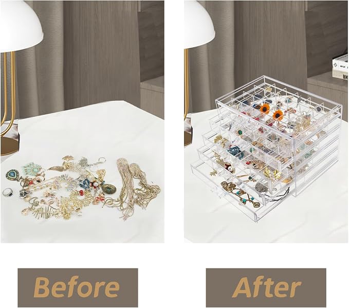 Ptaedex Jewelry Organizers and Storage, Acrylic Jewelry Box with 5 Drawers | Clear Jewelry Storage Box, Large Capacity Jewelry Holder for Rings, Earrings, Necklaces, Beads, Brooches, Hair Accessories