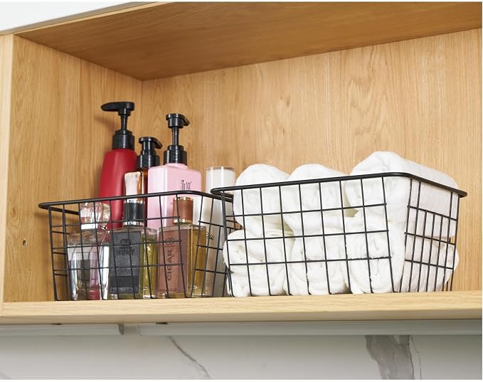 JUNCHU CHERRY Wire Kitchen Storage Basket 3 Packs,Perfect Pantry Organization Accessories Baskets,Laundry Basket,Countertop Organization,Suitable for Kitchen,Bathroom,Bedroom,Tabletop,Stackable,Black
