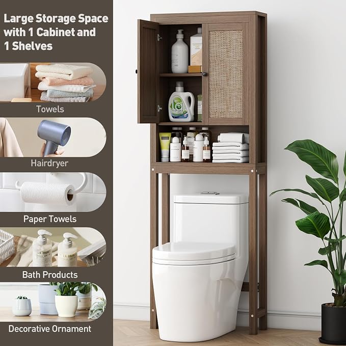 knoworld Rattan Over The Toilet Storage Cabinet, Above Toilet Bathroom Organizer with Adjustable Shelf, Behind Toilet Cabinet, Space Saver for Restroom, Bathroom, Laundry, Caramel Oak