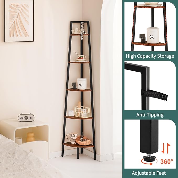 Yoobure 5‑Tier Corner Shelf – Sturdy Metal Frame & Wood Ladder Bookshelf, Space‑Saving Display Shelves for Plants & Books, Easy Assembly, for Bedroom, Living Room, Office, Balcony